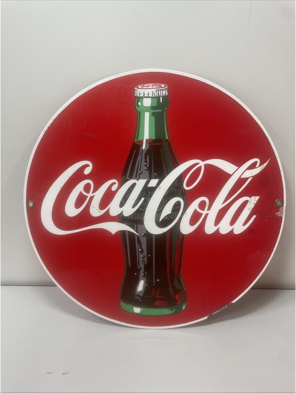 VTG 1990 Coca Cola Round Flat Metal Porcelain Coke Advertising Sign Ande Rooney